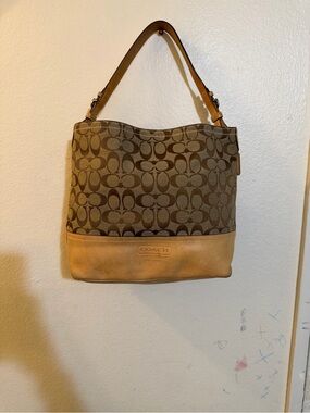 Coach Leatherware Signature Tan Brown Canvas Leather Trim Hobo Shoulder Bag